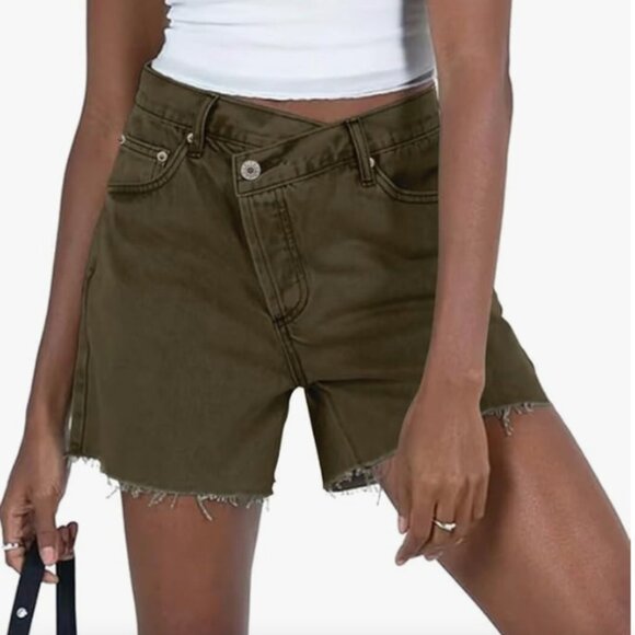 ZOLUCKY Ripped Jean Shorts for Women Mid Waisted Distressed Denim Shorts Khaki - Picture 2 of 4